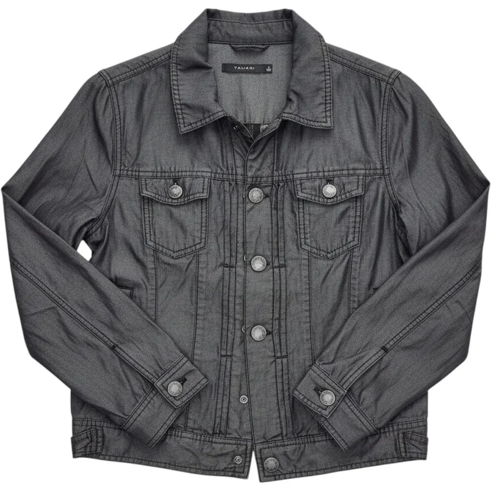 Tahari Womens Gray Lyocell Trucker Jacket Charcoal Metallic Sheen Small RN112628